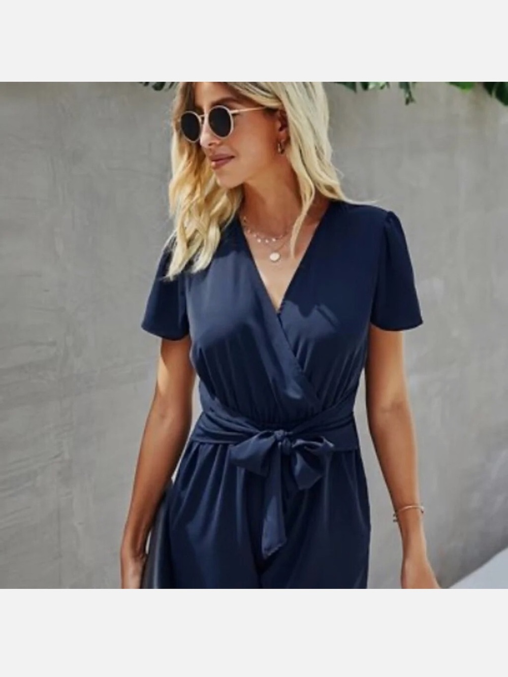 Ann Taylor Navy Short-Sleeve Wrap Jumpsuit with Waist Tie